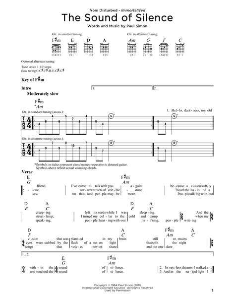 The Sound Of Silence Sheet Music Disturbed Guitar Lead Sheet