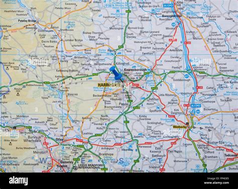 road map  yorkshire england showing  harrogate  wetherby area    map pin