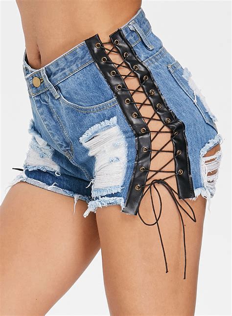Fashion Sexy Destroyed Low Waist Lace Up Denim Shorts With Pockets