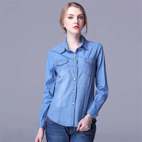 xxl   fashion autumn spring women ladiyes cotton jeans denim pocket women casual blouse