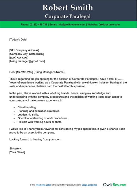corporate paralegal cover letter examples qwikresume