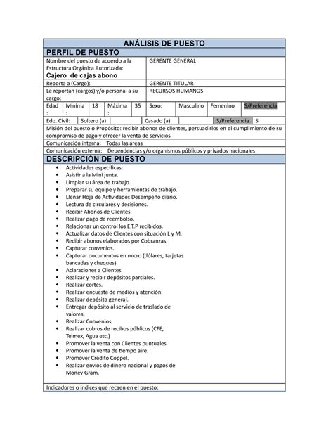 analisis de puesto cajero cajas abono analisis de puesto perfil de