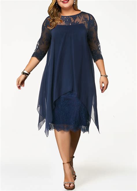 Plus Size Lace Patchwork Overlay Navy Blue Dress Rosewe