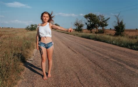 Wallpaper Girl Road Model Shorts Long Hair Legs Trees Field
