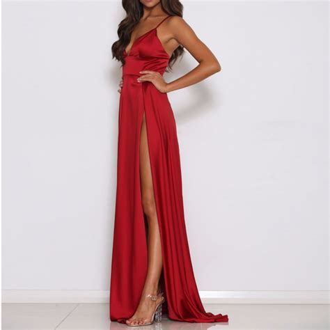 Sexy V Neck Red Satin Long Party Dress On Luulla