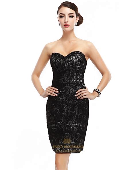 black strapless lace short sheath cocktail dress with beaded trim