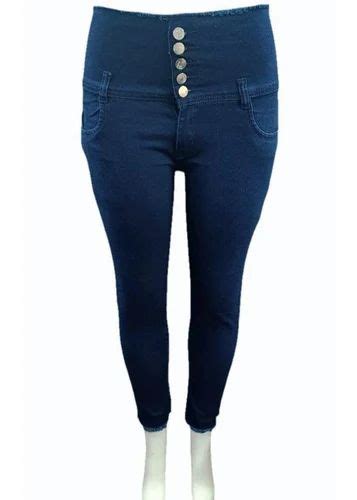 Skinny Ladies Dark Blue Denim Jeans Button And Zipper High Rise At Rs