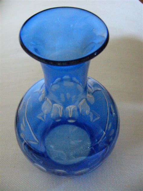 art deco deep blue glass bud vase hand decorated etched floral decante