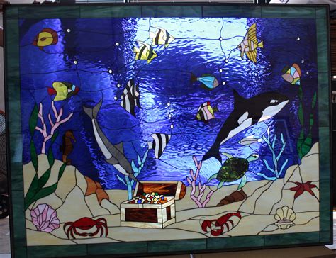 large dolphin sea life  treasure chest stained glass window