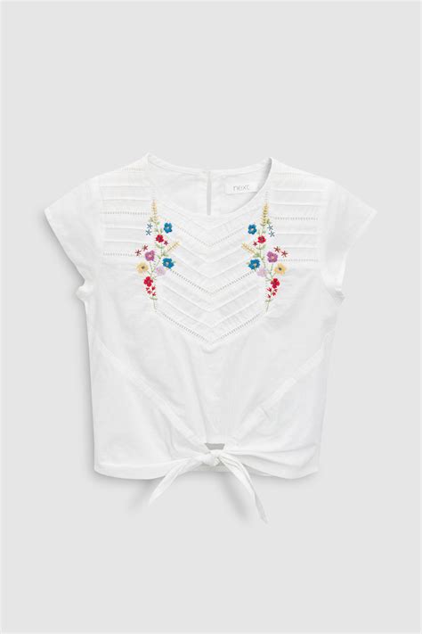next white embroidered tie front top girls knit tops