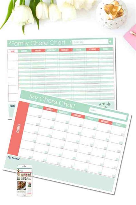 printable family chore chart  options clean eating  kids