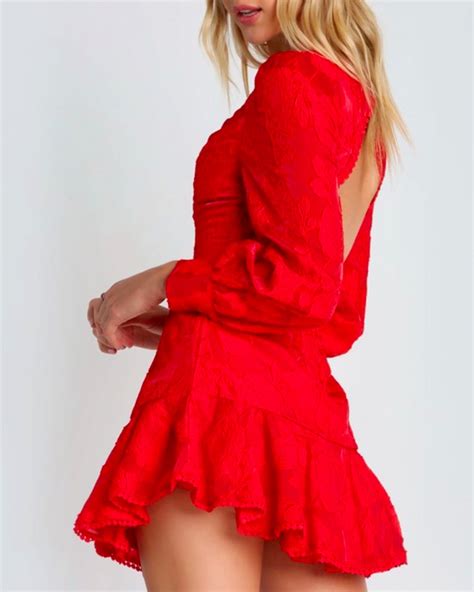 Sexy Red Hot Floral Lace Crochet Puffy Long Sleeve Backless Mini Dress