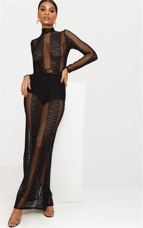 Black Lace Sheer Maxi Dress Dresses Prettylittlething