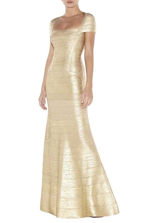 herve leger floor length gold woodgrain foil bandage gown dresses