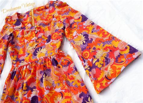 vintage original 60s 70s psychedelic maxi dress flared bell sleeves