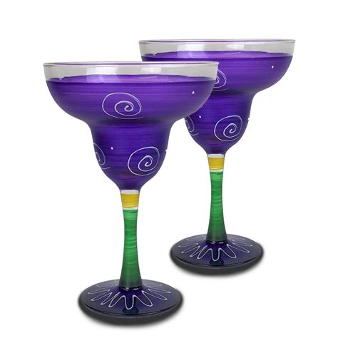 Set Of 2 Purple And Yellow Hand Painted Margarita Drinking Glasses 12