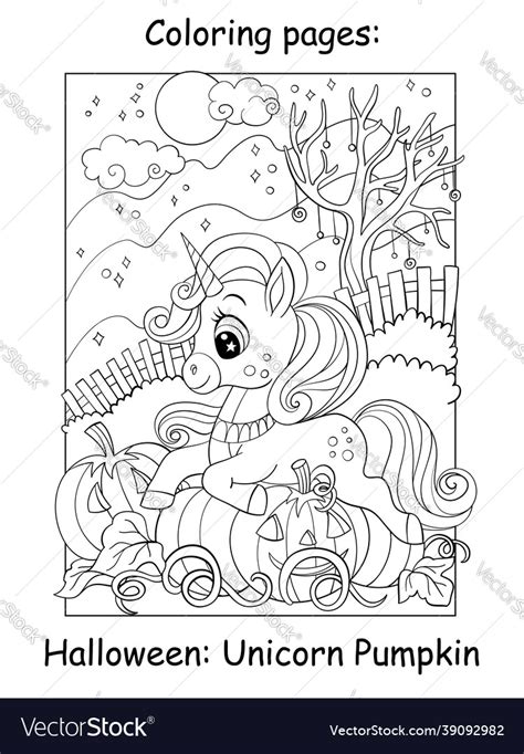 coloring book page cute unicorn lying  pumpkin vector image