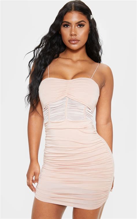 Nude Strappy Ruched Mesh Insert Bodycon Dress Prettylittlething