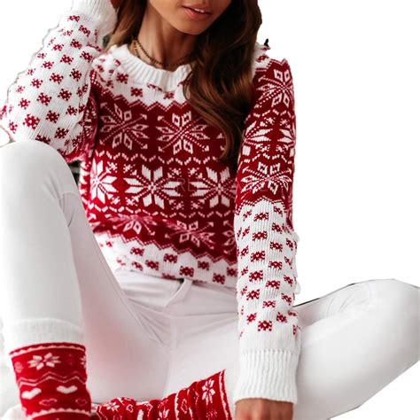 Women Christmas Sweater Pullover Jumper Red White Snowflake Print Long