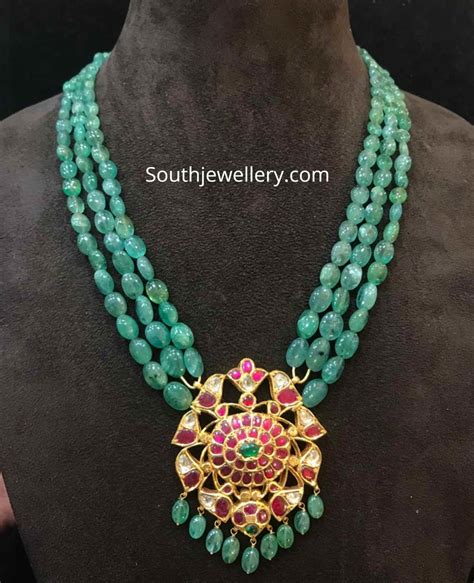 emerald beads necklace  kundan pendant indian jewellery