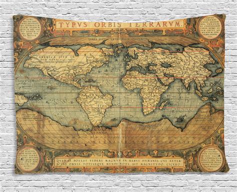 world map tapestry ancient  chart vintage reproduction