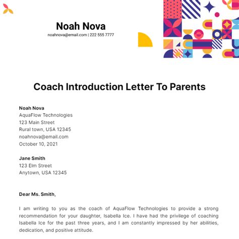 coach introduction letter  parents template edit