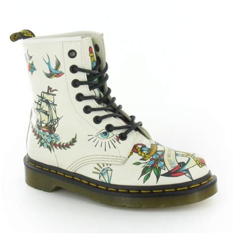 dr martens louie womens leather tattoo print  eyelet boots  winter white  scorpio shoes