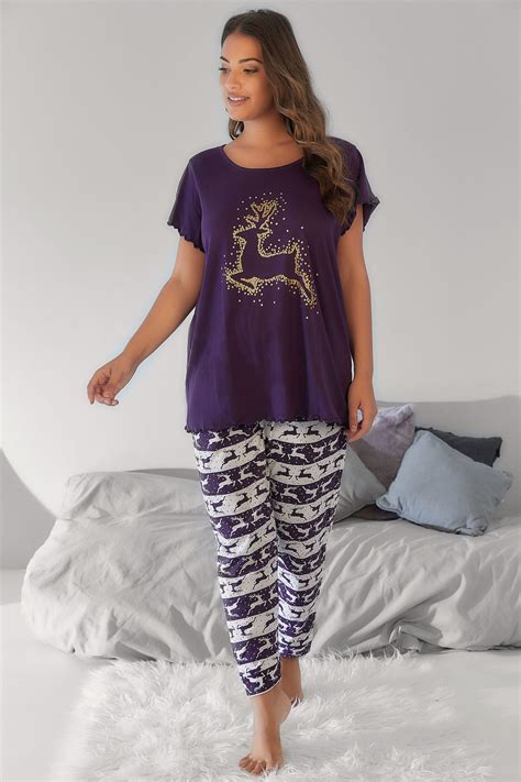 purple christmas reindeer print pyjama set plus size 16 to 36