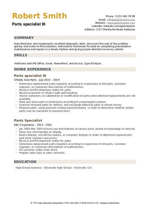 parts specialist resume samples qwikresume