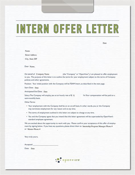 sample internship offer letter  document template