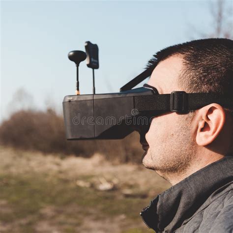 man manages fpv drone  vr glasses stock photo image  race technology