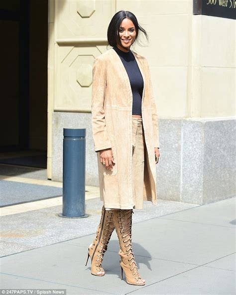 ciara is runway ready as she steps out in knee high gladiator style suede lace ups daily mail