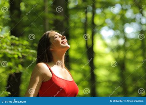 vrouw die verse lucht  het bos ademen stock afbeelding afbeelding bestaande uit diep vrij