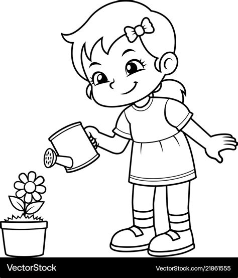 Girl Watering Her Flower Plant Bw Royalty Free Vector Image