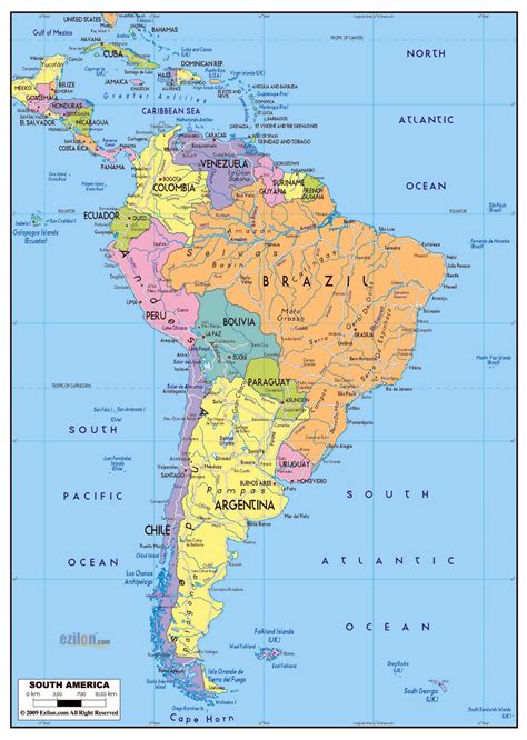 large political map  south america  roads  major cities south america mapsland