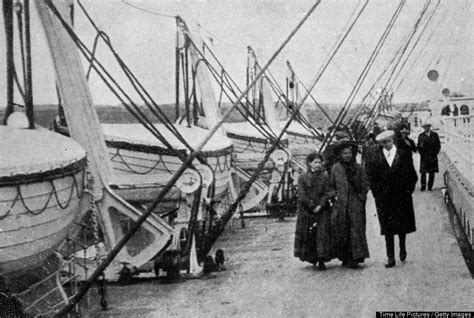 passengers strolling  lifeboats aboard  ocean liner titanic