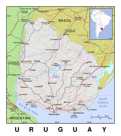 detailed political map of uruguay with relief uruguay south america