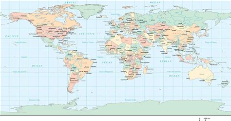 rectangular projection world map  countries  major cities