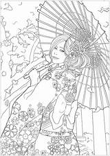 Coloring Version Japan Japanese Elegant Woman Cherry Easy Most Beautiful Hanami Pages Yukata Blossoms Temple Young Front Her Celebrating Adult sketch template