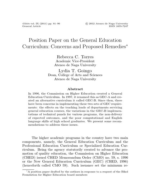 position paper   general education curriculum  curriculum