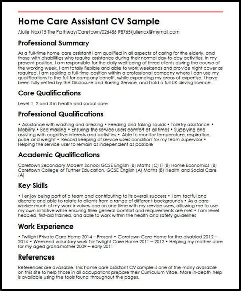 home care assistant myperfectcv professional resume examples home