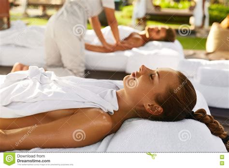 Spa Couple Massage Romantic Woman Man Relaxing Outdoors Stock Image