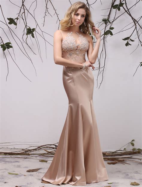 champagne mermaid floor length womens evening dress with jewel neck