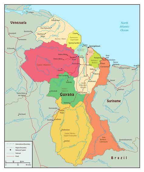 large political  administrative map  guyana  roads  cities guyana south america