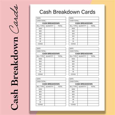 cash breakdown count sheet printable cash breakdown cards  cash