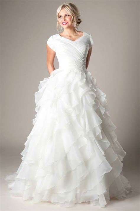 Women Modest Wedding Gown With Sleeves V Neck Ruffles Organza Long