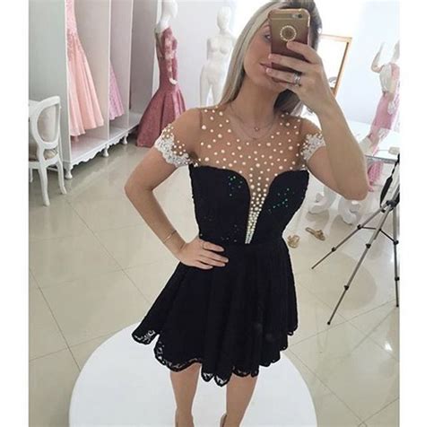 Cute Black Short Prom Dresses A Line Black Lace Homecoming