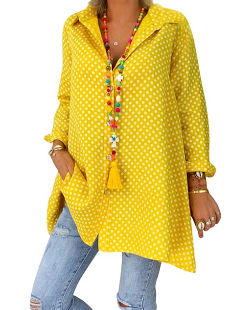 Himone Plus Size Tunic Blouse For Women Roll Up Sleeve Casual Polka
