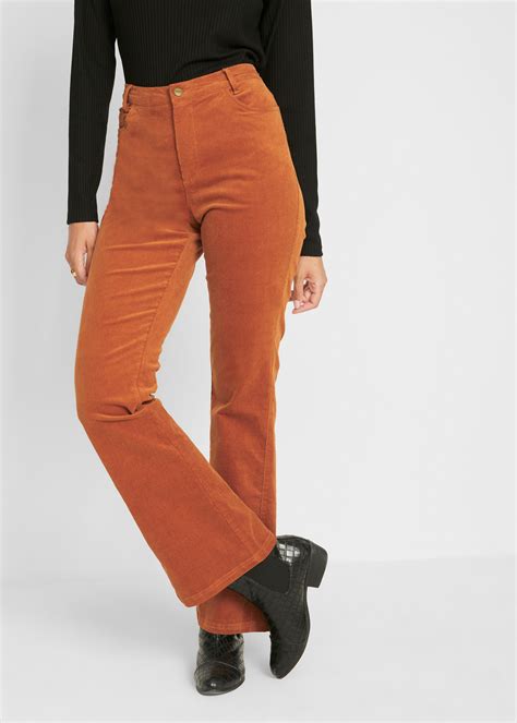 stylish corduroy flared broek van elastische stof oranjebruin