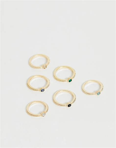 asos design set van  ringen met gegraveerde band met goudkleurige imitatie halfedelstenen asos